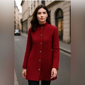 Vintage Red Wool Knit Sweater Coat Longline Chevron Button Front Cardigan XS S
